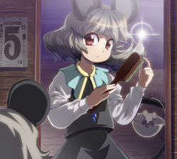 Rule 34 | 1girl, animal ears, basket, brush, brushing, brushing hair, brushing own hair, calendar (object), female focus, grey hair, highres, holding, holding own hair, jewelry, long sleeves, mirror, mouse (animal), mouse ears, mouse tail, nazrin, pendant, red eyes, reflection, short hair, solo, syope, tail, touhou