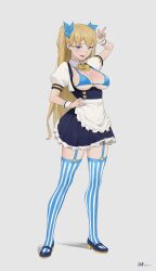 Rule 34 | 1girl, absurdres, apron, arm up, bikini, blue eyes, blue footwear, blue thighhighs, bow, bowtie, breasts, dated, davidhuang701, detached collar, dress, frilled dress, frills, full body, grey background, hair bow, hand on own hip, highres, large breasts, legs, lina (michihasu), long hair, micro bikini, nail polish, open mouth, original, puffy short sleeves, puffy sleeves, short dress, short sleeves, signature, sleeve cuffs, solo, standing, striped clothes, striped thighhighs, swimsuit, thighhighs, thighs, v, white apron, white thighhighs, yellow bow, yellow bowtie