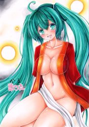 Rule 34 | 1girl, ahoge, bad id, bad pixiv id, blush, breasts, cleavage, green eyes, green hair, hatsune miku, highres, karu0126, large breasts, long hair, looking at viewer, marker (medium), matching hair/eyes, navel, open clothes, open mouth, open shirt, shirt, sitting, solo, traditional media, twintails, very long hair, vocaloid