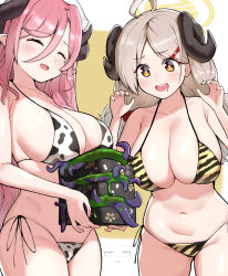 Rule 34 | 2girls, ahoge, animal print, bikini, black nails, blonde hair, blue archive, breasts, chinese zodiac, cleavage, closed mouth, cow print, curled horns, drooling, hair between eyes, halo, hands up, holding, horns, izumi (blue archive), juri (blue archive), large breasts, long hair, looking at object, mole, mole under eye, multiple girls, nail polish, navel, open mouth, pink hair, pointy ears, side-tie bikini bottom, sideboob, sparkling eyes, striped bikini, striped clothes, swimsuit, tiger print, ushimittsu, very long hair, year of the ox, year of the tiger, yellow eyes