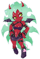 Rule 34 | 10s, 1girl, absurdres, bare shoulders, bat wings, blush, boots, bracelet, breasts, cleavage, colored skin, demon girl, demon tail, fang, full body, green eyes, green hair, hand on own hip, hands on own hips, highres, hip focus, horns, jewelry, large breasts, long hair, makai, matching hair/eyes, miniskirt, navel, official style, panty &amp; stocking with garterbelt, red skin, scanty (psg), side slit, skirt, smile, solo, spiked bracelet, spikes, tail, thigh strap, very long hair, wings, yellow eyes