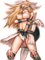 Rule 34 | 1girl, armor, bikini, bikini top only, blonde hair, blue eyes, breast hold, breast lift, breasts, bridal gauntlets, covered erect nipples, fumio (rsqkr), head wings, helm, helmet, knights in the nightmare, large breasts, long hair, maria, shield, solo, swimsuit, sword, underboob, valkyrie, weapon, wings