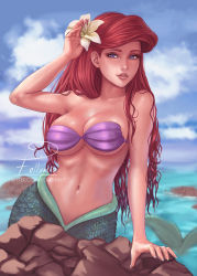 Rule 34 | 1girl, ariel (disney), artist request, bare shoulders, breasts, commentary, disney, english commentary, highres, lips, long hair, looking at viewer, mermaid, mole, mole above mouth, monster girl, navel, ocean, purple eyes, red hair, rock, shell, shell bikini, solo, the little mermaid, water, wet