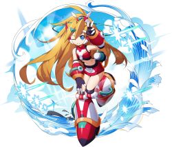 Rule 34 | 1girl, animal, bare shoulders, blonde hair, blue eyes, blue sky, character name, ciel (mega man), dolphin, gloves, hair ornament, headpiece, highres, joints, long hair, looking at viewer, mega man (series), mega man x (series), mega man x dive, mega man zero (series), midriff, miniskirt, mizuno keisuke, navel, official art, one eye closed, orca, parted lips, robot, robot joints, shiny skin, skirt, sky, sleeveless, smile, stomach, sunlight, thighs, transparent background, water, whale