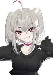 Rule 34 | 1girl, ahoge, black dress, blush, breasts, choker, commentary request, dress, dyed ahoge, fang xue jun, frilled dress, frills, gradient hair, grey hair, grin, hair between eyes, long sleeves, looking at viewer, makaino ririmu, multicolored hair, nijisanji, pointy ears, purple choker, red eyes, sidelocks, simple background, sleeves past wrists, small breasts, smile, solo, twintails, upper body, virtual youtuber, white background