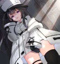 Rule 34 | 1girl, :d, anchor symbol, asymmetrical legwear, azur lane, black gloves, black hair, black panties, black thighhighs, breasts, cameltoe, coat, commentary request, dress, dutch angle, fang, fur-trimmed coat, fur hat, fur trim, gloves, gluteal fold, hat, highres, lace, lace-trimmed panties, lace trim, long hair, long sleeves, looking at viewer, medium breasts, one side up, open clothes, open coat, open mouth, pamiat merkuria (azur lane), panties, peaked cap, red eyes, siera (sieracitrus), skindentation, sleeves past wrists, smile, solo, thigh strap, thighhighs, underwear, very long hair, white coat, white dress, white hat, wide sleeves