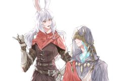 Rule 34 | 1boy, 1girl, animal ears, armor, capelet, chainmail, closed mouth, crystal exarch, final fantasy, final fantasy xiv, g&#039;raha tia, gauntlets, height difference, hood, hood up, hooded robe, long hair, looking at another, lyna (ff14), purple eyes, rabbit ears, red capelet, robe, simple background, smile, tall female, tladpwl03, viera, white background, white hair