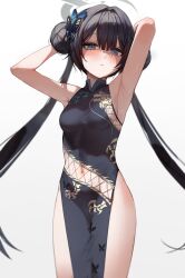 Rule 34 | 1girl, absurdres, armpits, arms up, bare shoulders, black dress, black hair, blue archive, blush, breasts, butterfly hair ornament, china dress, chinese clothes, clothing cutout, crotch, double bun, dragon print, dress, grey eyes, hair bun, hair ornament, halo, highres, kisaki (blue archive), long hair, maenoo, navel, navel cutout, pelvic curtain, print dress, revision, sideboob, simple background, sleeveless, sleeveless dress, small breasts, solo, sweat, twintails, white background