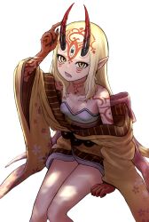 Rule 34 | 1girl, blonde hair, breasts, claws, cleavage, fang, fate/grand order, fate (series), frown, highres, horns, ibaraki douji (fate), japanese clothes, kimono, long hair, long sleeves, looking at viewer, oni, oni horns, open mouth, pointy ears, shoulder tattoo, simple background, sitting, small breasts, solo, tattoo, ttmt, white background, wide sleeves, yellow eyes