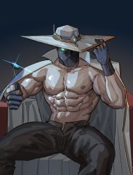 Rule 34 | 1boy, abs, absurdres, bad id, bad pixiv id, bara, coin, cypher (valorant), gloves, hat, highres, jacket, large pectorals, male focus, mask, mature male, muscular, muscular male, navel, nipples, pectorals, sedo (usingincognito), sitting, solo, valorant, white hat, white jacket