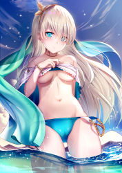 Rule 34 | 1girl, anastasia (fate), bad id, bad pixiv id, bead bracelet, beads, bikini, bikini top lift, blue bikini, blue eyes, blue sky, blush, bracelet, breasts, cameltoe, choker, closed mouth, clothes lift, cloud, commentary request, day, eyes visible through hair, fate/grand order, fate (series), gold, groin, hair between eyes, hair over one eye, hairband, highres, jewelry, lifted by self, long hair, looking at viewer, medium breasts, navel, outdoors, revision, silver hair, sky, smile, solo, sparkle, stomach, swimsuit, thighs, very long hair, wading, water, wet, yan (nicknikg)