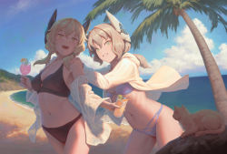 Rule 34 | 2girls, animal, antica (bigrbear), beach, bigrbear, bikini, black bikini, blonde hair, blue bikini, blue eyes, blue sky, breasts, cat, clenched teeth, cloud, commentary, cup, day, drink, drinking glass, drinking straw, headgear, highres, holding, holding cup, looking at viewer, low twintails, medium breasts, medium hair, multiple girls, ocean, open clothes, open mouth, open shirt, original, outdoors, palm tree, sand, shirt, sky, small breasts, smile, swimsuit, teeth, tree, twintails, white shirt