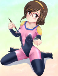 Rule 34 | 1girl, :&lt;, bad id, bad pixiv id, barefoot, blush, bodypaint, bodysuit, breasts, brown eyes, brown hair, cosplay, false clothes, feet, g gundam, glasses, gundam, gundam build fighters, highres, kousaka china, looking at viewer, medium breasts, mobile trace suit, naked paint, navel, nipples, nude, over-rim eyewear, painted clothes, painting (action), rain mikamura, rain mikamura (cosplay), red-framed eyewear, semi-rimless eyewear, short hair, sitting, solo, uncensored, wancozow, wariza