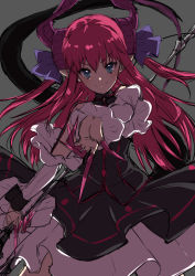 Rule 34 | 10s, 1girl, absurdres, blue eyes, dragon horns, dragon tail, elizabeth bathory (fate), elizabeth bathory (fate/extra ccc), elizabeth bathory (first ascension) (fate), fate/extra, fate/extra ccc, fate/grand order, fate (series), grey background, hachiroku (hatirokusann86), highres, holding, holding weapon, horns, long fingers, long hair, looking at viewer, pink hair, pointy ears, polearm, simple background, smile, solo, spear, tail, weapon