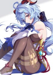 Rule 34 | 1girl, ahoge, bare shoulders, black gloves, black pantyhose, blue hair, blue pupils, blush, bodystocking, breasts, breasts on lap, chinese knot, closed mouth, commentary request, detached sleeves, feet out of frame, flower knot, full body, ganyu (genshin impact), genshin impact, gloves, goat horns, gold trim, grey background, hair between eyes, hand on own arm, head tilt, highres, horns, hugging own legs, knees up, large breasts, long hair, long sleeves, looking at viewer, pantyhose, red eyes, red horns, ringozaka mariko, sideboob, sidelocks, simple background, sitting, skirt, smile, solo, thighlet, two-tone background, vision (genshin impact), white background, white footwear, white skirt, white sleeves