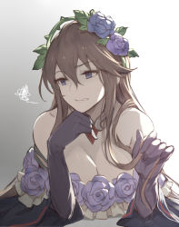 Rule 34 | 1girl, annoyed, backlighting, bare shoulders, breasts, brown hair, cleavage, clenched teeth, commentary request, empty eyes, flower, gloves, granblue fantasy, hair between eyes, half-closed eyes, highres, kakage, large breasts, light, long hair, looking to the side, playing with own hair, purple eyes, purple flower, purple gloves, purple rose, rose, rosetta (granblue fantasy), solo, teeth, very long hair, wide sleeves