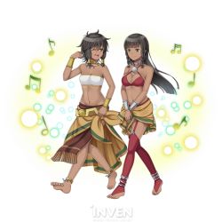 Rule 34 | 10s, 2girls, ;d, amazon warrior, anklet, artist request, bad aspect ratio, bandeau, bare arms, bare shoulders, barefoot, belt, bikini, bikini top only, black hair, bracelet, bracer, braid, breasts, c:, cleavage, closed mouth, dark-skinned female, dark skin, dungeon ni deai wo motomeru no wa machigatteiru darou ka, earrings, feet, female focus, full body, green eyes, grin, jewelry, large breasts, long hair, looking at another, midriff, multiple girls, musical note, navel, neck ring, one eye closed, open mouth, red legwear, round teeth, sarong, short hair, siblings, sisters, small breasts, smile, strapless, swimsuit, sword oratoria, teeth, thighhighs, tiona hiryute, tione hiryute, toeless legwear, toes, tube top, twin braids, twins, v arms, vambraces, walking, white tube top, wink