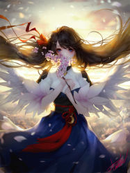 Rule 34 | 1girl, backlighting, bad id, bad pixiv id, bell, blue eyes, blush, bow, branch, brown hair, cloud, cloudy sky, danhu, feathered wings, fingernails, flower, hair bow, holding, holding branch, long hair, original, outdoors, petals, pink flower, red bow, signature, sky, solo, wind, wings
