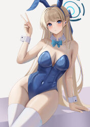 Rule 34 | 1girl, absurdres, alternate breast size, animal ears, bare shoulders, blonde hair, blue archive, blue bow, blue eyes, blue hairband, blue leotard, bow, bowtie, braid, breasts, cleavage, covered navel, detached collar, earpiece, earrings, fake animal ears, hairband, halo, hand up, highleg, highleg leotard, highres, jewelry, kobamaki, large breasts, leotard, long hair, looking at viewer, microphone, official alternate costume, official alternate hairstyle, parted lips, playboy bunny, rabbit ears, solo, stud earrings, thighhighs, thighs, toki (blue archive), toki (bunny) (blue archive), v, very long hair, white thighhighs, wide hips, wrist cuffs