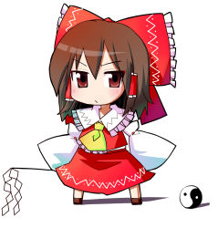 Rule 34 | 1girl, :/, bad id, bad pixiv id, bell (artist), bell (oppore coppore), brown hair, chibi, female focus, gohei, hakurei reimu, highres, red eyes, solo, touhou, yin yang