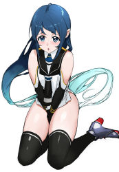 Rule 34 | 10s, 1girl, aqua hair, bare shoulders, between legs, black thighhighs, blue eyes, blue hair, blush, bottomless, detached sleeves, elbow gloves, embarrassed, gloves, gradient hair, hand between legs, kantai collection, long hair, looking at viewer, matching hair/eyes, multicolored hair, open mouth, ruuto (sorufu), sailor collar, samidare (kancolle), school uniform, serafuku, shirt, sleeveless, sleeveless shirt, solo, swept bangs, thighhighs, two-tone hair, v arms, very long hair