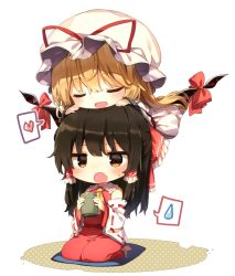 Rule 34 | 2girls, :o, ascot, bad id, bad twitter id, bare shoulders, barefoot, black hair, blonde hair, blush, bow, brown eyes, chibi, closed eyes, commentary request, cup, detached sleeves, dress, drinking glass, frilled bow, frilled shirt collar, frills, gap (touhou), hair between eyes, hair bow, hair tubes, hakurei reimu, hands on another&#039;s head, hat, hat ribbon, heart, holding, holding cup, layered dress, long hair, long sleeves, mob cap, multiple girls, open mouth, petticoat, polka dot, red bow, red ribbon, red skirt, ribbon, ribbon-trimmed sleeves, ribbon trim, shnva, sidelocks, simple background, skirt, skirt set, smile, spoken heart, spoken sweatdrop, sweat, sweatdrop, touhou, tsurime, white background, white dress, white hat, wide sleeves, yakumo yukari, yellow ascot, yuri