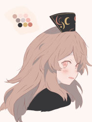 Rule 34 | 1girl, absurdres, black dress, black hat, blush, commentary request, crescent, crescent print, dress, hat, highres, iris-san, junko (touhou), light brown hair, long hair, looking at viewer, open mouth, phoenix crown, pink eyes, sidelocks, simple background, solo, touhou, upper body, white background