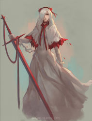 Rule 34 | 1girl, dress, fennel (momodora), greatsword, hairband, highres, holding, holding sword, holding weapon, koyorin, long hair, looking at viewer, momodora: reverie under the moonlight, princess, red eyes, solo, sword, torn clothes, watermark, weapon, web address, white hair