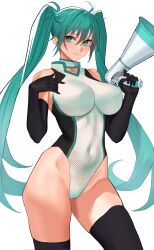 Rule 34 | 1girl, absurdres, ahoge, alternate breast size, alternate costume, aqua hair, black gloves, black thighhighs, breasts, choker, commentary request, contrapposto, covered navel, gloves, goodsmile racing, green eyes, hatsune miku, highres, holding, holding megaphone, large breasts, leotard, megaphone, multicolored leotard, race queen, racing miku, racing miku (2011), sawatari kazuma, simple background, solo, thighhighs, twintails, vocaloid, white background, white choker, white leotard