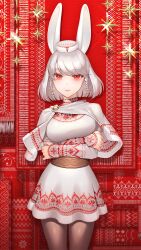 Rule 34 | 1girl, animal ears, braid, capelet, carpet, chinese zodiac, commentary, crossed arms, dress, expressionless, hat, highres, looking at viewer, oono kanae, original, pantyhose, rabbit ears, rabbit girl, red eyes, short dress, short hair, side braids, solo, white capelet, white dress, white hair, year of the rabbit