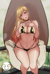 Rule 34 | 1girl, absurdres, artist name, bikini, black bikini, blonde hair, breasts, chair, choker, collarbone, editor, flower print, futon, grin, hand on own chest, highres, jewelry, kitagawa marin, large breasts, long hair, looking at viewer, multicolored hair, nail polish, navel, own hands together, pink eyes, pink hair, side-tie bikini bottom, signature, sitting, smile, sono bisque doll wa koi wo suru, swimsuit, traditional media, two-tone hair