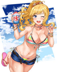 Rule 34 | 1girl, bikini, blonde hair, blue eyes, blush, breasts, cleavage, cloud, collarbone, day, food, front-tie bikini top, front-tie top, hair ornament, halterneck, highres, idolmaster, idolmaster cinderella girls, jewelry, large breasts, long hair, looking at viewer, navel, necklace, o-ring, o-ring bikini, ohtsuki yui, open mouth, ponytail, shaved ice, short shorts, shorts, side-tie bikini bottom, sirurabbit, smile, solo, stomach, striped bikini, striped clothes, swimsuit, teeth, upper teeth only, wavy hair