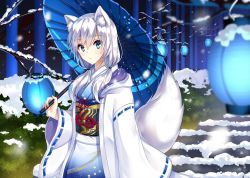 Rule 34 | 1girl, animal ear fluff, animal ears, aqua eyes, bare tree, blue kimono, blurry, blurry foreground, blush, bush, closed mouth, commentary request, depth of field, floral print, fox ears, fox tail, gradient kimono, hair between eyes, hair over shoulder, haori, hayakawa (hayakawa illust), holding, holding umbrella, japanese clothes, kimono, lantern, long hair, long sleeves, looking at viewer, low twintails, night, obi, oil-paper umbrella, original, outdoors, paper lantern, ribbon-trimmed sleeves, ribbon trim, sash, snow, snowing, solo, stairs, standing, tail, tareme, tree, twintails, umbrella, white hair, white kimono, wide sleeves