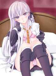Rule 34 | 1girl, arm up, bed, bed sheet, between breasts, black bow, black ribbon, blush, bow, bra, braid, braided ponytail, breasts, buckle, buckle boots, cameltoe, collar, collarbone, collared shirt, danganronpa: trigger happy havoc, danganronpa (series), ears, eyebrows hidden by hair, feet out of frame, female focus, gloves, hair bow, hair ribbon, hand on leg, hand on own leg, hand up, headboard, jacket, jacket on shoulders, kirigiri kyoko, knees together feet apart, legs, legs apart, long hair, long sleeve shirt, long sleeved jacket, long sleeves, looking at viewer, necktie, necktie between breasts, nose, on bed, open clothes, open jacket, open mouth, open shirt, orange necktie, panties, pillow, pink background, pink bra, pink panties, purple eyes, purple footwear, purple gloves, removing jacket, ribbon, shirt, sitting, solo, studded gloves, thighs, underwear, undressing, white collar, white footwear, white shirt, zipper, zipper pull tab