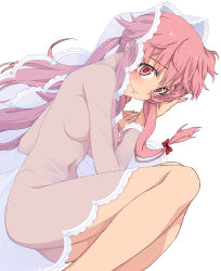 Rule 34 | 1girl, blush, bow, breasts, bridal veil, fetal position, gasai yuno, hair bow, lace, legs, legs folded, light smile, long hair, looking at viewer, lying, mirai nikki, naked veil, nude, on side, pink eyes, pink hair, saipaco, see-through, simple background, small breasts, solo, veil, white background