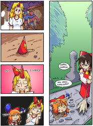 Rule 34 | 3girls, 4koma, :d, ^^^, balloon, bandaid, bow, broom, comic, crossed bandaids, detached sleeves, disembodied head, finnish text, gradient background, hair bow, hair ornament, hair ribbon, hair tubes, hakurei reimu, hands on own cheeks, hands on own face, hat, horn ornament, horn ribbon, horns, hoshiguma yuugi, ibuki suika, multiple girls, oni, open mouth, party hat, path, ribbon, road, rock, setz, shatter, simple background, smile, stone lantern, sweeping, touhou, tree