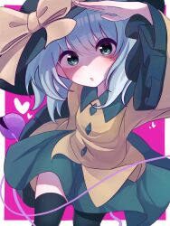 Rule 34 | 1girl, :o, black hat, black thighhighs, blouse, blue hair, blush, border, bow, breasts, buttons, collared shirt, commentary, cowboy shot, diamond button, eyeball, frilled sleeves, frills, green eyes, green skirt, hand over face, hat, hat bow, heart, heart-shaped pupils, highres, komeiji koishi, light blue hair, long sleeves, looking at viewer, medium hair, parted lips, pink background, ribbon, salute, shirt, short hair, skirt, small breasts, soesoe300, solo, string, symbol-shaped pupils, thighhighs, third eye, touhou, white border, wide sleeves, yellow bow, yellow shirt