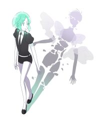 Rule 34 | 1other, androgynous, aqua eyes, aqua hair, arms at sides, bare legs, black footwear, black necktie, broken, commentary, different shadow, dual persona, from above, full body, gem uniform (houseki no kuni), highres, houseki no kuni, looking at another, looking away, looking back, moon uniform (houseki no kuni), necktie, other focus, phosphophyllite, phosphophyllite (ll), puffy short sleeves, puffy sleeves, see-through, see-through sleeves, severed arm, severed head, severed leg, severed limb, severed torso, shards, shoes, short hair, short sleeves, simple background, solo, sparkle, spoilers, symbolism, walking, white background, wide sleeves, yagi hara