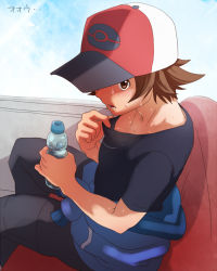 Rule 34 | 10s, 1boy, @@@, bad id, bad pixiv id, baseball cap, blush, bottle, breath, brown eyes, brown hair, clothes around waist, clothes pull, creatures (company), day, game freak, hat, hilbert (pokemon), jacket, jacket around waist, male focus, nintendo, pokemon, pokemon bw, ramune, shirt pull, short hair, sky, solo, sweat, water bottle