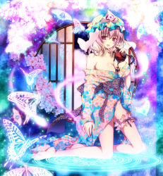 Rule 34 | 1girl, :d, bare shoulders, barefoot, blush, breasts, bug, butterfly, cleavage, collarbone, female focus, flower, hat, holding, insect, japanese clothes, kimono, kneeling, large breasts, looking at viewer, magic circle, no panties, open mouth, pekopokox, pink eyes, pink hair, round window, saigyouji yuyuko, short hair, smile, solo, touhou, triangular headpiece, window
