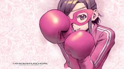 Rule 34 | 1girl, artist request, boxing, boxing gloves, brown eyes, brown hair, gloves, headband, highres, jacket, mask, momiji akiyama, mouth hold, official art, official wallpaper, oshioki punch girl!!!, short hair, smile, solo, track jacket, wallpaper
