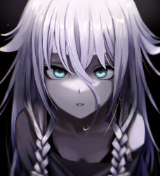 Rule 34 | 1girl, absurdres, black background, blue eyes, braid, breasts, cleavage, collarbone, grey shirt, hair between eyes, highres, ia (vocaloid), looking at viewer, off shoulder, parted lips, shirt, silver hair, small breasts, solo, twin braids, upper body, vang 09, vocaloid