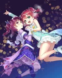 Rule 34 | 2girls, :d, :o, aqua footwear, awaken the power, blue background, blue footwear, blurry, bokeh, depth of field, detached sleeves, dress, earrings, frilled dress, frills, gloves, green eyes, high heels, highres, holding hands, index finger raised, jewelry, kazuno leah, kurosawa ruby, leotard, looking at viewer, love live!, love live! school idol festival, love live! sunshine!!, multiple girls, open mouth, purple eyes, purple hair, red hair, sash, single sleeve, smile, sparkle, tiara, tomiwo, twintails, twitter username, two side up, white gloves, wristband, yellow neckwear