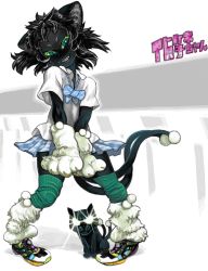 Rule 34 | 1girl, animal ears, animal hands, black hair, black skin, bow, bowtie, cat ears, cat girl, cat paws, cat tail, colored eyelashes, colored skin, fangs, female focus, full body, green eyes, hoshi kubi, monster girl, school uniform, shoes, skirt, sneakers, solo, tail, thighhighs