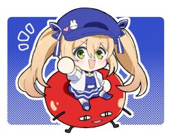 Rule 34 | :d, blonde hair, blue background, blue dress, blue footwear, blue hat, chibi, dokibird (vtuber), dokibird (vtuber) (tomato), dress, green eyes, hat, indie virtual youtuber, jacket, jewelry, long hair, looking at viewer, n4391, necklace, open clothes, open jacket, open mouth, sitting, smile, star (symbol), twintails, virtual youtuber, white background, white jacket