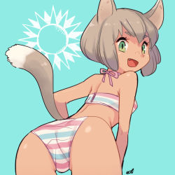 Rule 34 | 1girl, animal ears, ass, bikini, brown hair, cat ears, cat girl, cat tail, eco (petticoat), fang, from behind, green eyes, looking at viewer, looking back, original, short hair, simple background, smile, solo, striped bikini, striped clothes, swimsuit, tail
