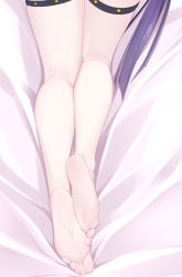 Rule 34 | 1girl, barefoot, bed sheet, close-up, commentary request, dakimakura (medium), fate/grand order, fate (series), feet, female focus, foot focus, kneepits, legs, long hair, lying, martha (fate), martha (swimsuit ruler) (fate), martha (swimsuit ruler) (third ascension) (fate), no shoes, on bed, purple hair, ruton-niki, soles, solo, thigh strap, thighs, toes