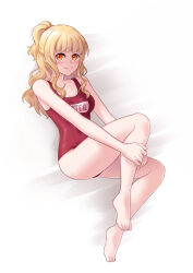 Rule 34 | 1girl, absurdres, ass, barefoot, blonde hair, breasts, closed mouth, feet, highres, kateil (lusan666), long hair, lusan666, medium breasts, orange eyes, original, ponytail, school swimsuit, smile, solo, swimsuit, toes