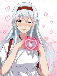 Rule 34 | 1girl, ;d, absurdres, blush, brown eyes, headband, heart, heart hands, highres, kantai collection, long hair, looking at viewer, one eye closed, open mouth, red headband, roko roko (doradorazz), shoukaku (kancolle), silver hair, smile, solo, twitter username, upper body