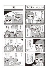 Rule 34 | 1girl, 4koma, :d, annoyed, arm behind head, arms behind head, bkub, comic, grater, greyscale, halftone, lying, monochrome, on back, open mouth, ponytail, risubokkuri, shirt, short hair, simple background, smile, sneaking, speech bubble, squirrel, surprised, sweatdrop, talking, tired, translation request, two-tone background, two side up
